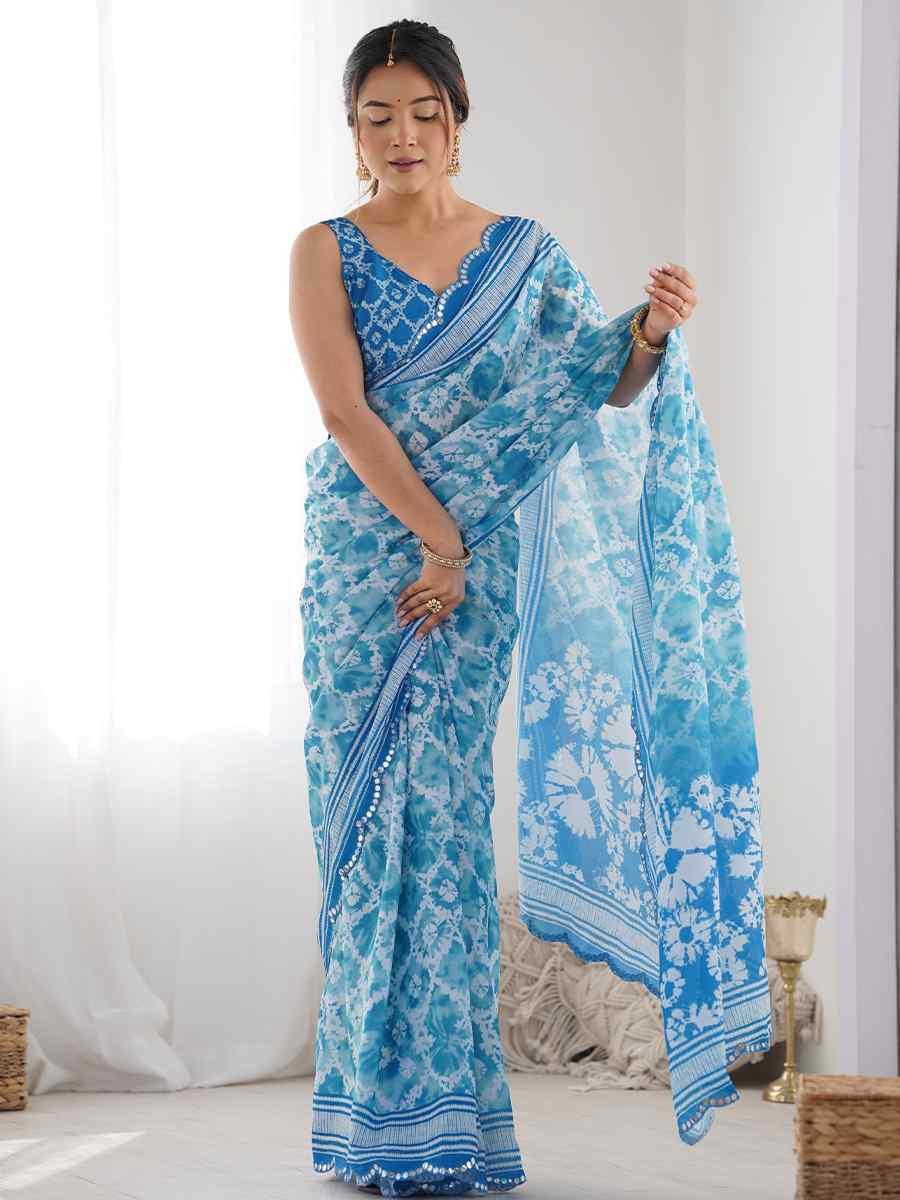 Multi Chinon Printed and Embroidered Festival Wedding Fancy Heavy Border Saree