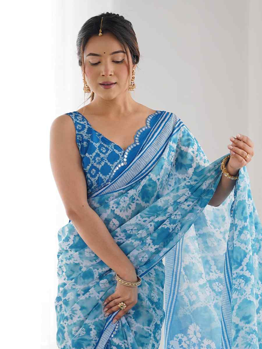 Multi Chinon Printed and Embroidered Festival Wedding Fancy Heavy Border Saree