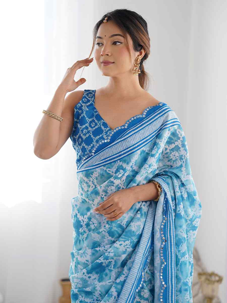 Multi Chinon Printed and Embroidered Festival Wedding Fancy Heavy Border Saree