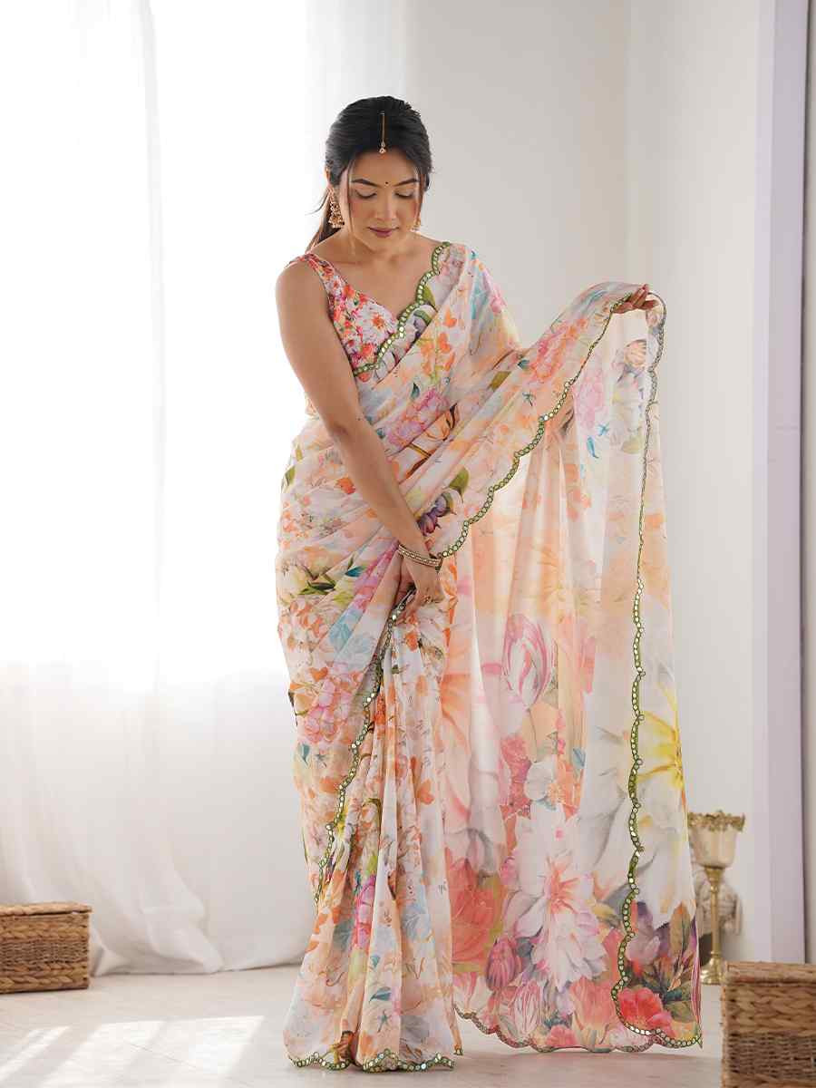 Multi Chinon Printed and Embroidered Festival Wedding Fancy Heavy Border Saree