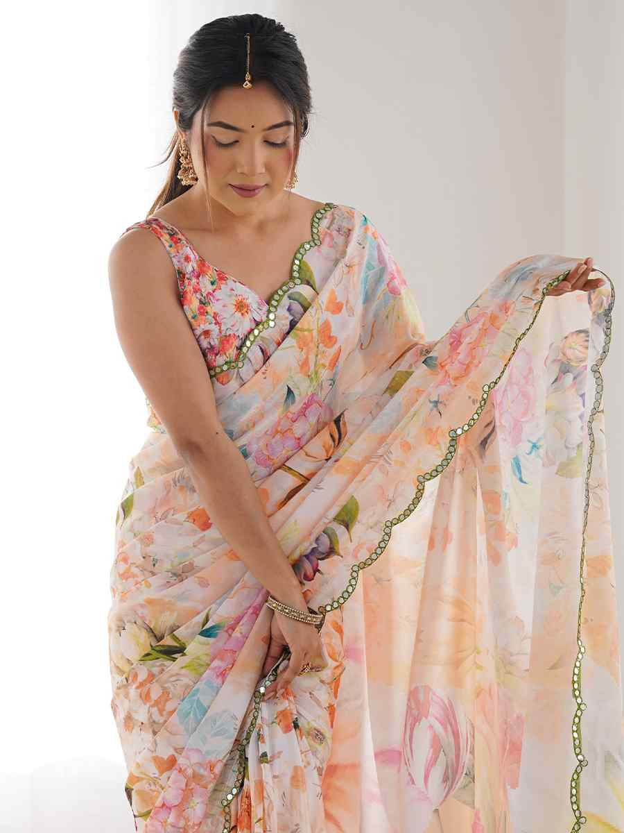 Multi Chinon Printed and Embroidered Festival Wedding Fancy Heavy Border Saree
