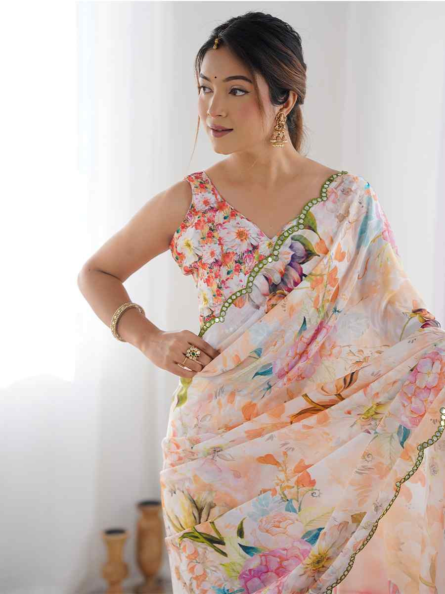 Multi Chinon Printed and Embroidered Festival Wedding Fancy Heavy Border Saree