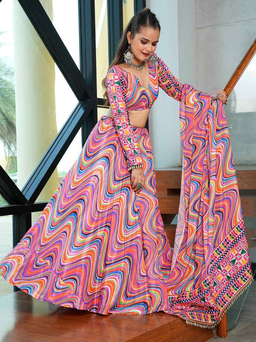 Multi Chinon Printed Festival Traditional Lehenga Choli