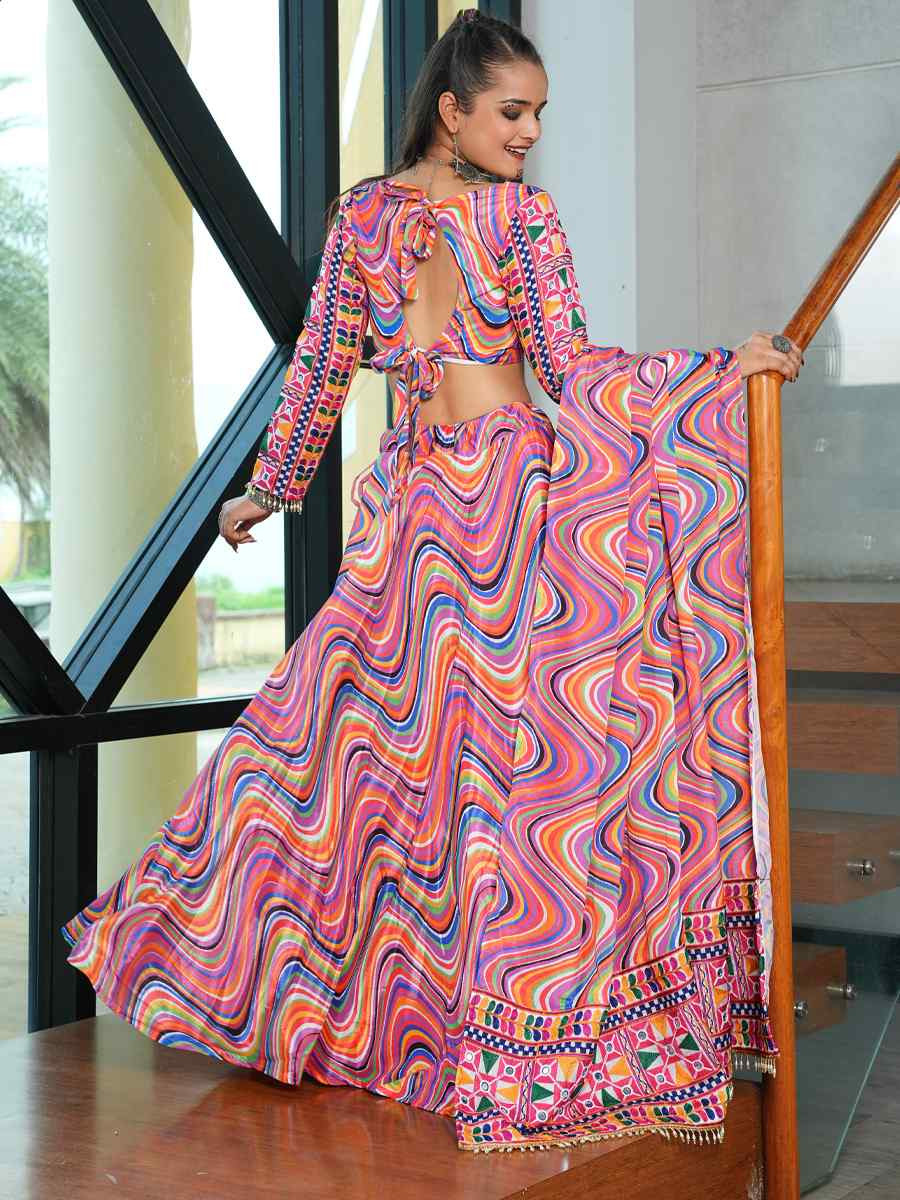 Multi Chinon Printed Festival Traditional Lehenga Choli