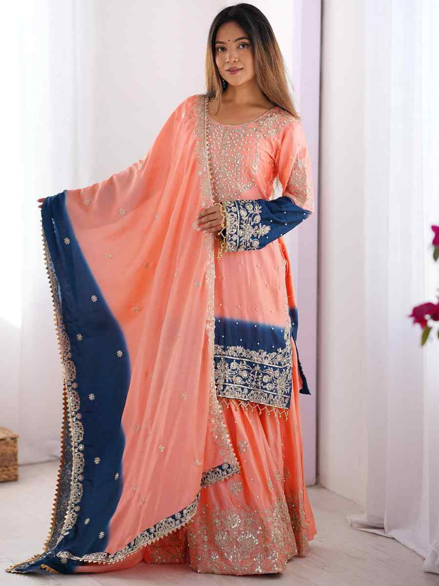 Multi Chinon Silk Embroidered Festival Casual Ready Sharara Pant Salwar Kameez