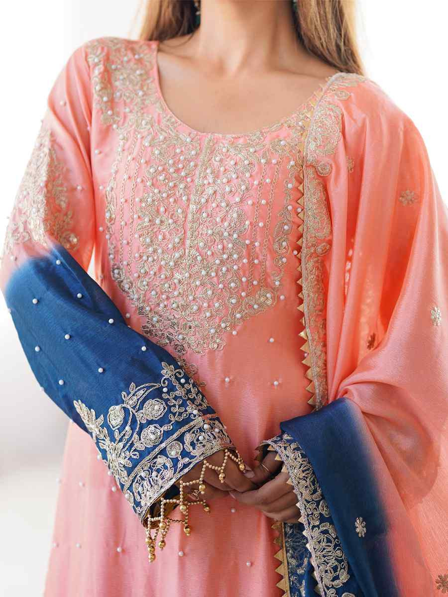 Multi Chinon Silk Embroidered Festival Casual Ready Sharara Pant Salwar Kameez