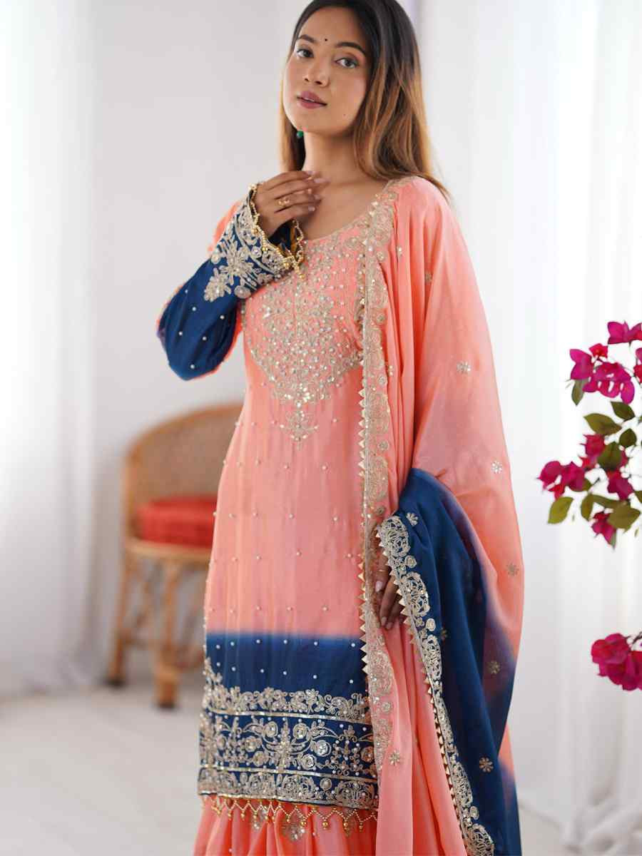 Multi Chinon Silk Embroidered Festival Casual Ready Sharara Pant Salwar Kameez