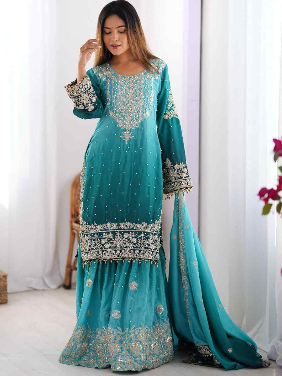 Multi Chinon Silk Embroidered Festival Casual Ready Sharara Pant Salwar Kameez