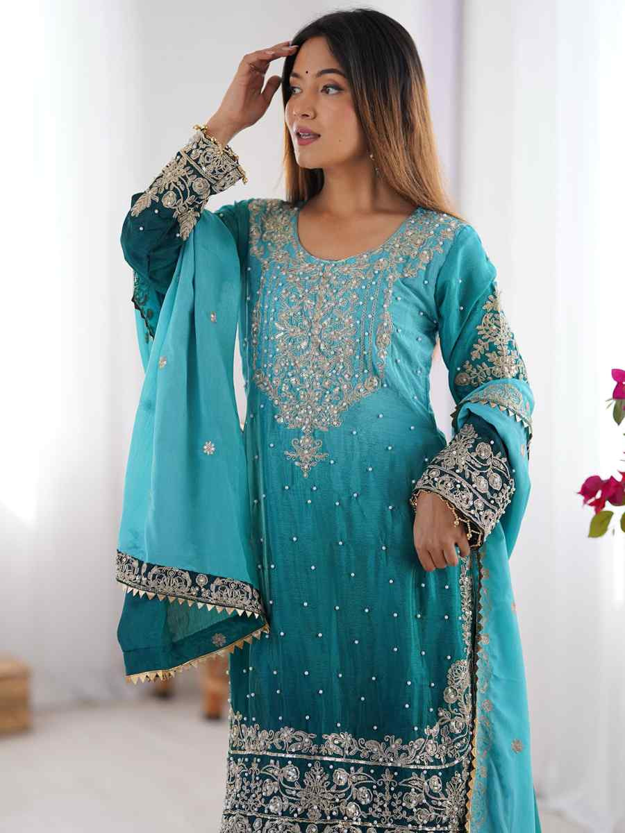 Multi Chinon Silk Embroidered Festival Casual Ready Sharara Pant Salwar Kameez