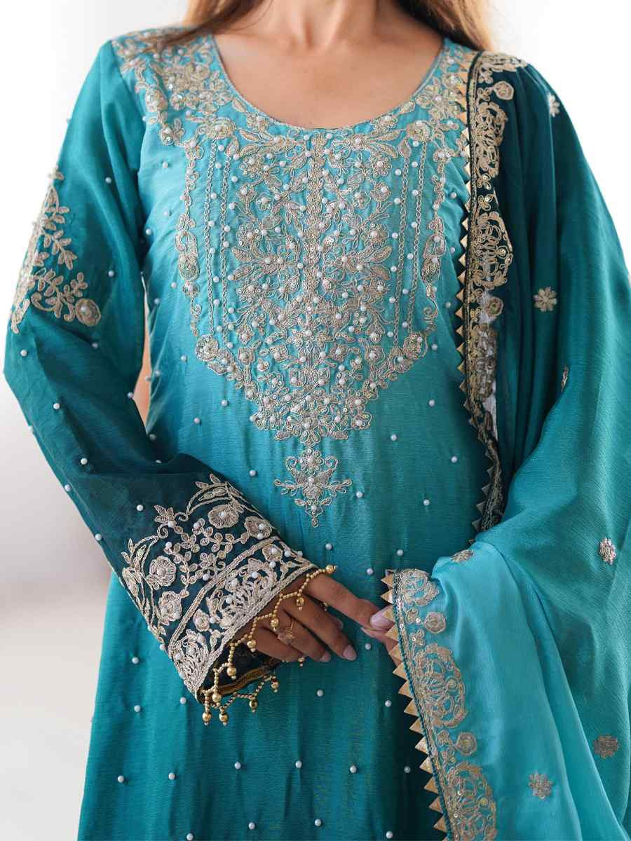 Multi Chinon Silk Embroidered Festival Casual Ready Sharara Pant Salwar Kameez