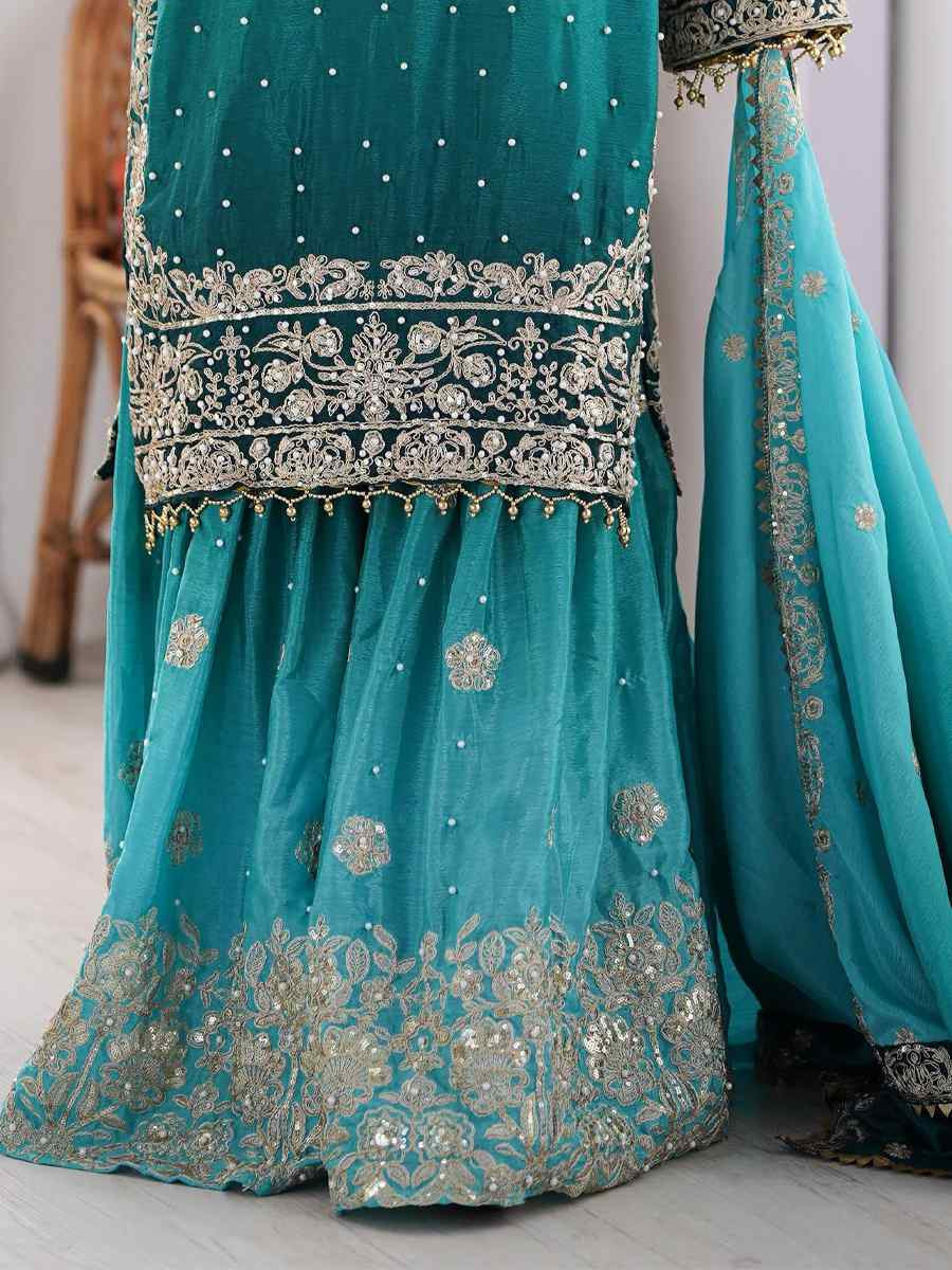 Multi Chinon Silk Embroidered Festival Casual Ready Sharara Pant Salwar Kameez