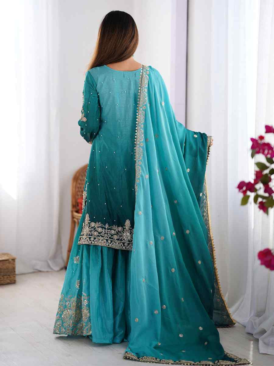 Multi Chinon Silk Embroidered Festival Casual Ready Sharara Pant Salwar Kameez