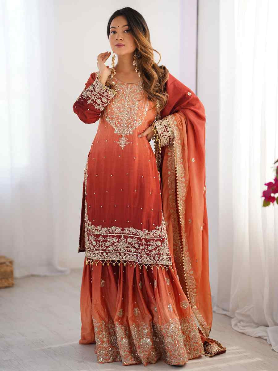 Multi Chinon Silk Embroidered Festival Casual Ready Sharara Pant Salwar Kameez