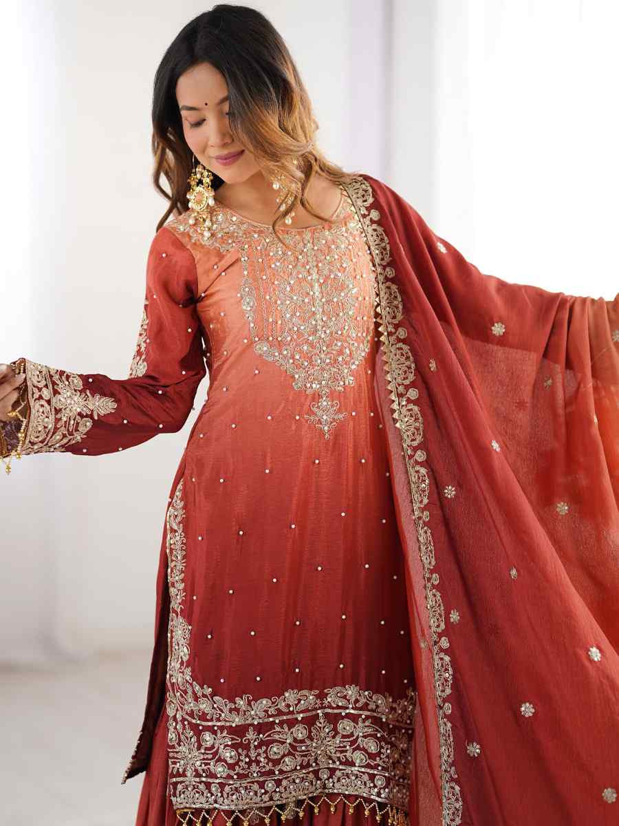 Multi Chinon Silk Embroidered Festival Casual Ready Sharara Pant Salwar Kameez