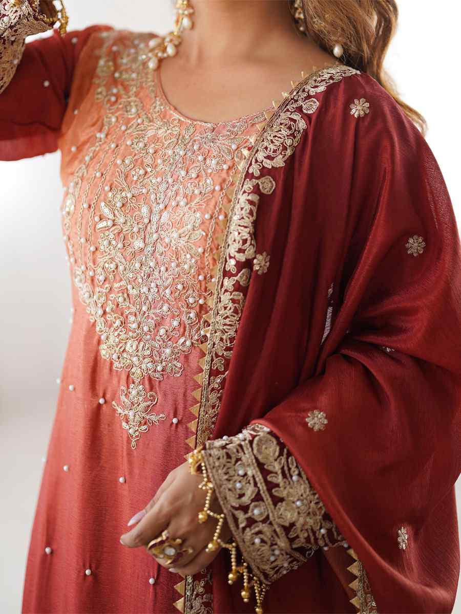 Multi Chinon Silk Embroidered Festival Casual Ready Sharara Pant Salwar Kameez