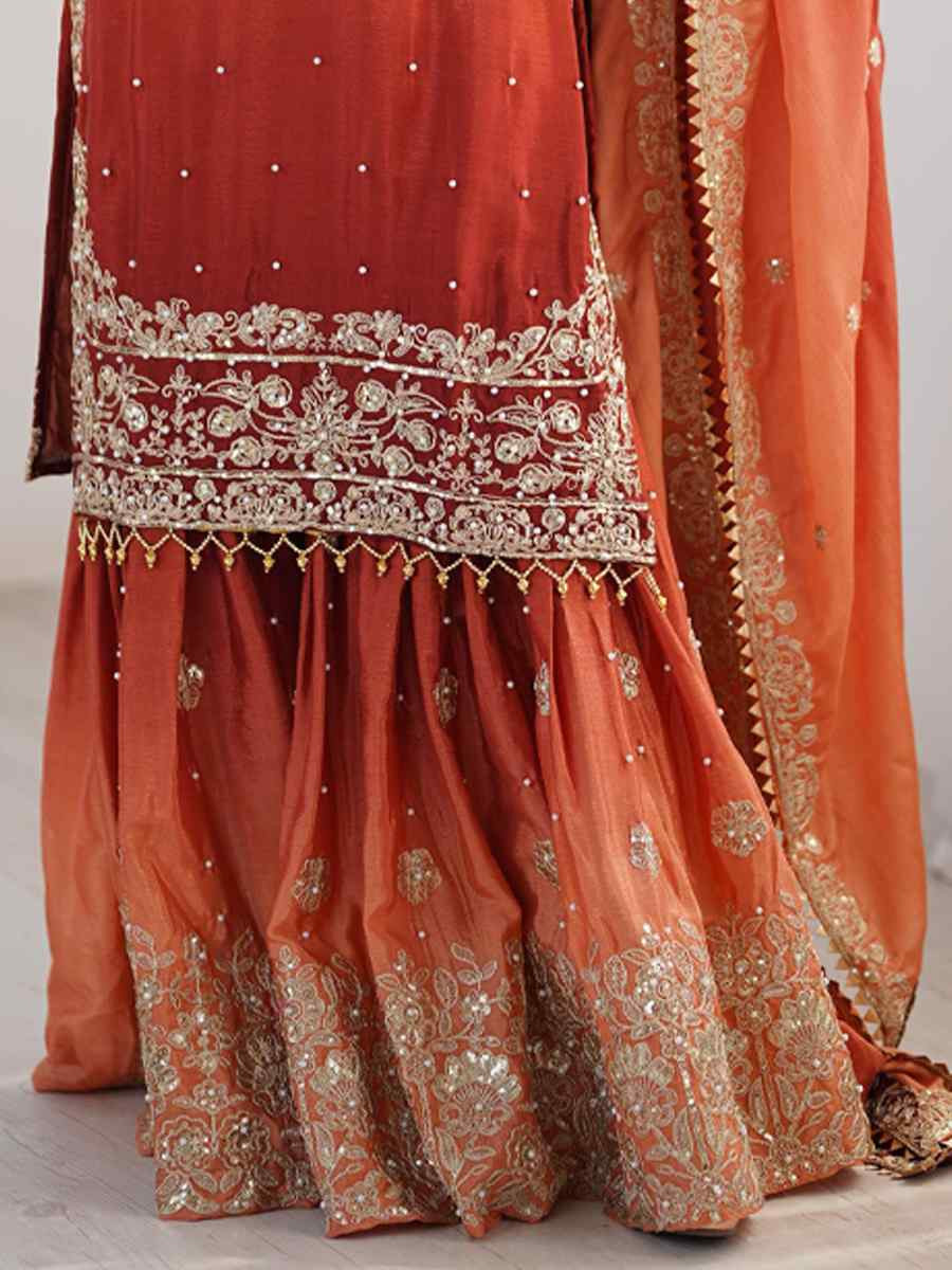 Multi Chinon Silk Embroidered Festival Casual Ready Sharara Pant Salwar Kameez