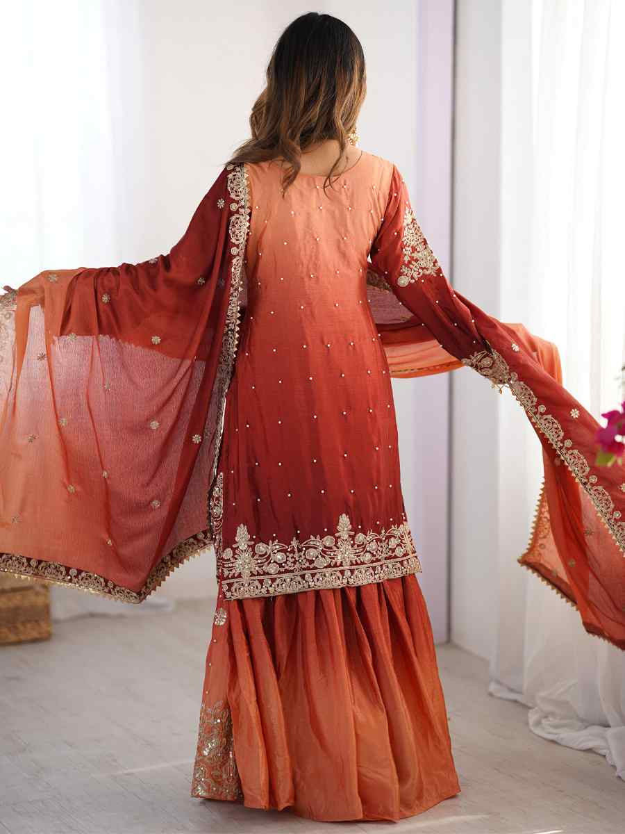 Multi Chinon Silk Embroidered Festival Casual Ready Sharara Pant Salwar Kameez