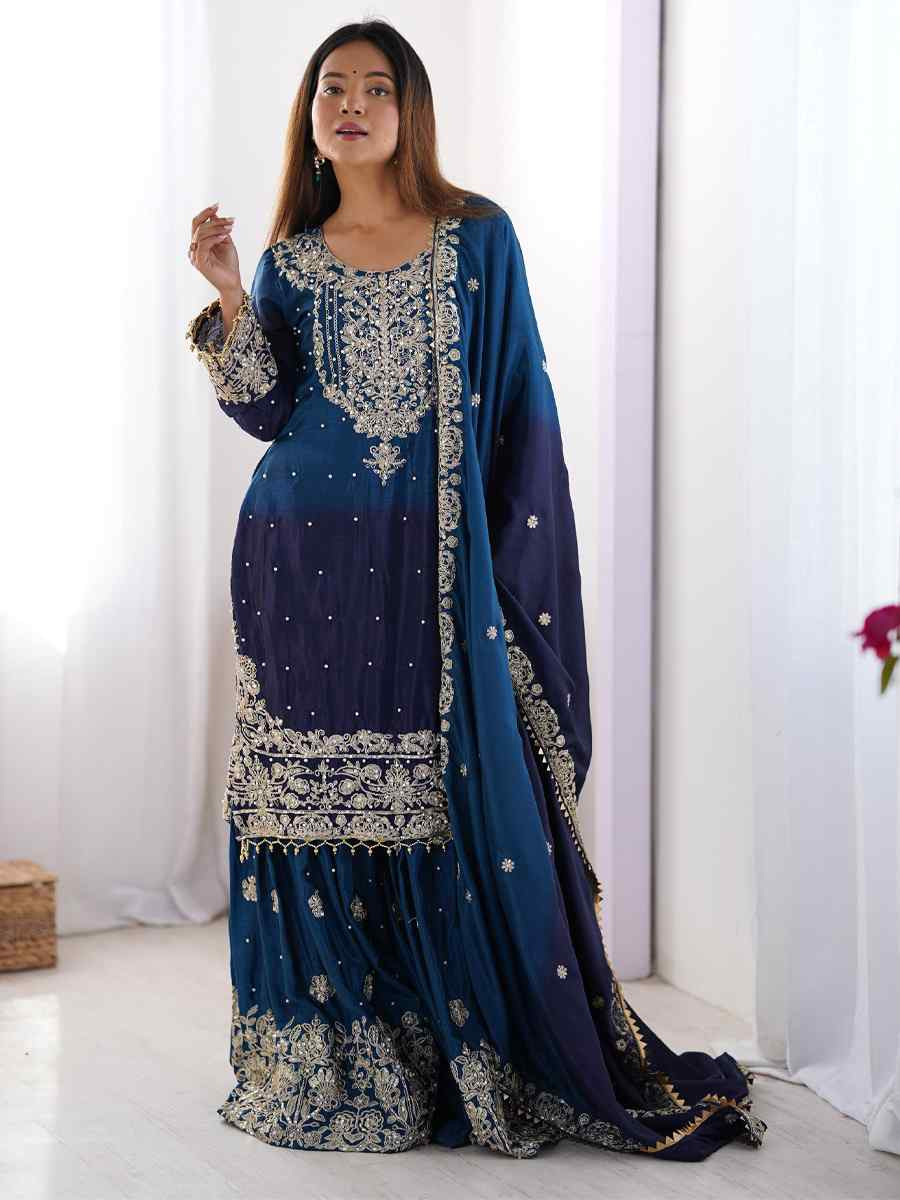 Multi Chinon Silk Embroidered Festival Casual Ready Sharara Pant Salwar Kameez