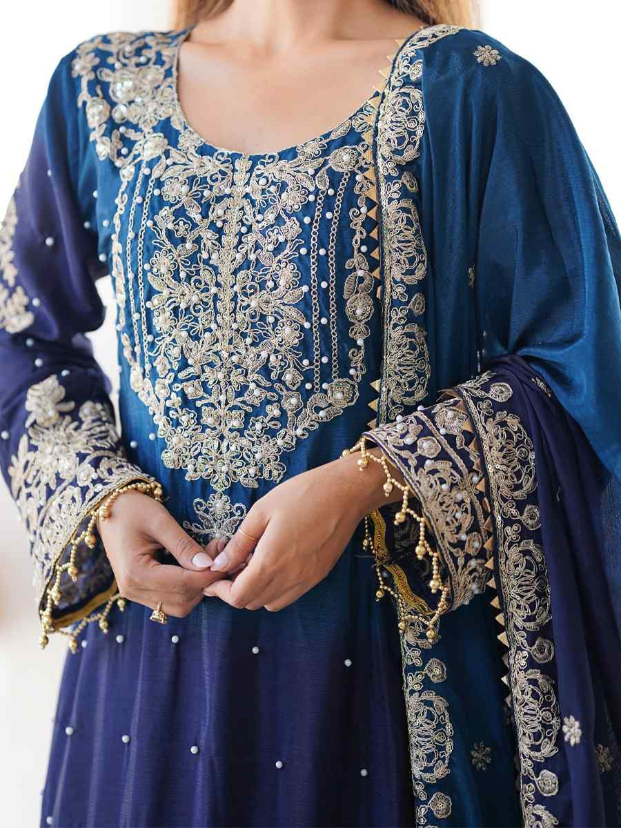 Multi Chinon Silk Embroidered Festival Casual Ready Sharara Pant Salwar Kameez