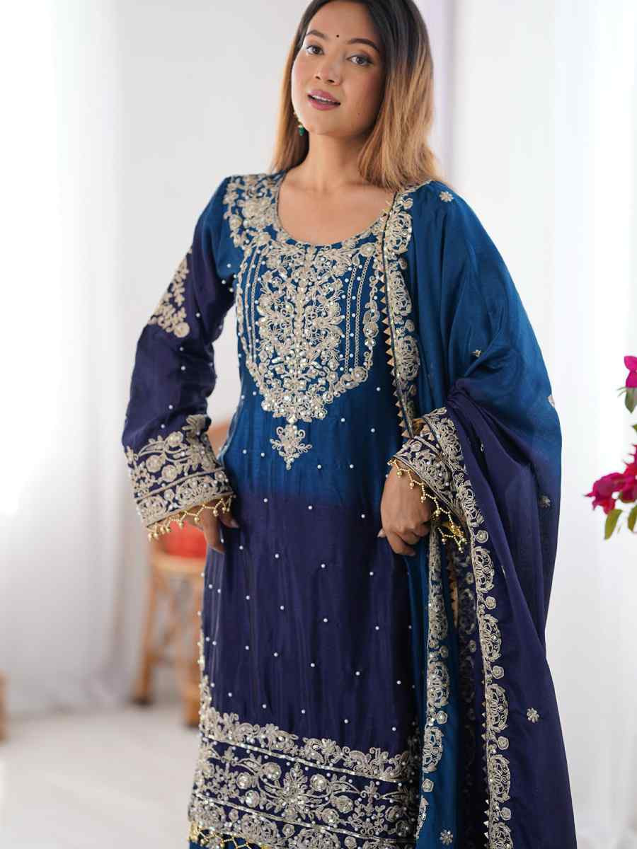 Multi Chinon Silk Embroidered Festival Casual Ready Sharara Pant Salwar Kameez