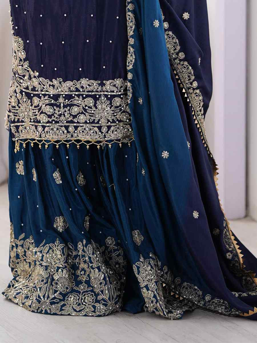 Multi Chinon Silk Embroidered Festival Casual Ready Sharara Pant Salwar Kameez