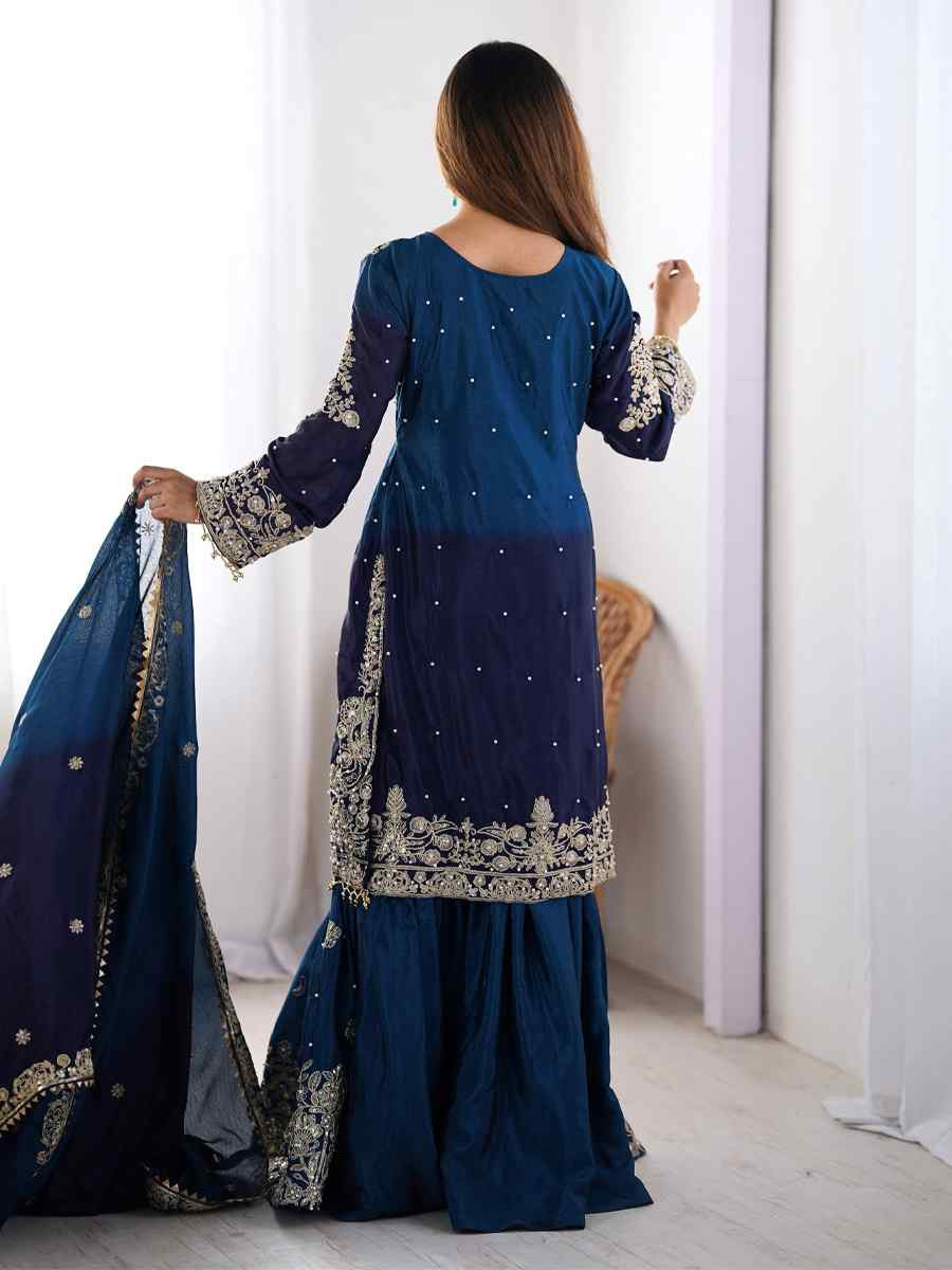 Multi Chinon Silk Embroidered Festival Casual Ready Sharara Pant Salwar Kameez