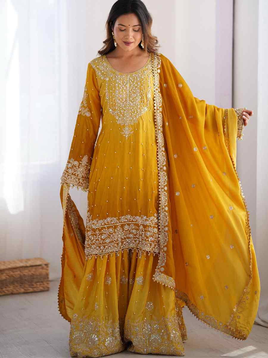 Multi Chinon Silk Embroidered Festival Casual Ready Sharara Pant Salwar Kameez