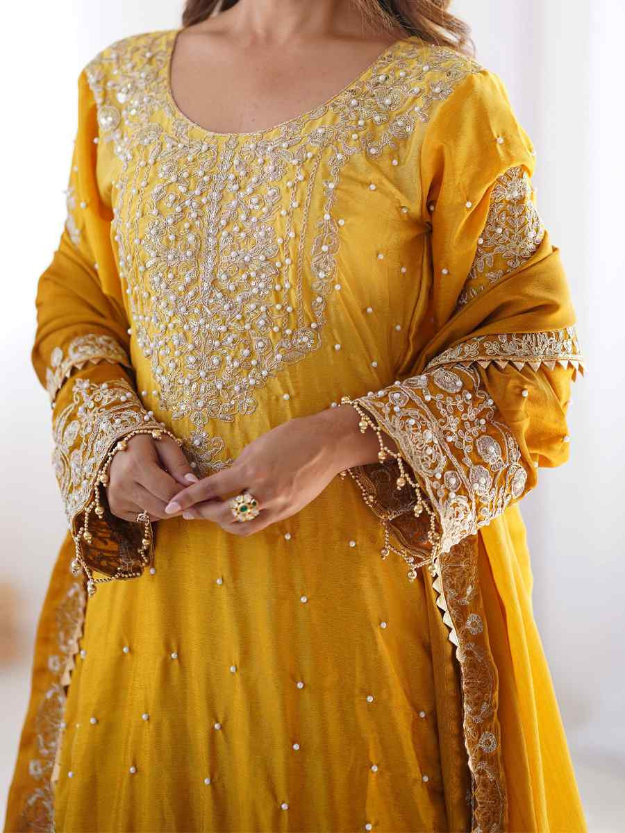 Multi Chinon Silk Embroidered Festival Casual Ready Sharara Pant Salwar Kameez