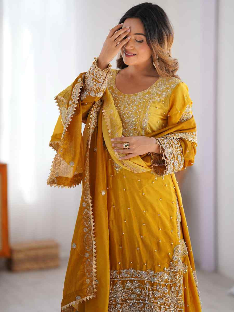 Multi Chinon Silk Embroidered Festival Casual Ready Sharara Pant Salwar Kameez