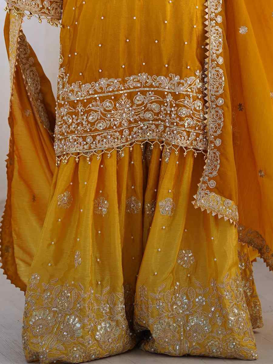 Multi Chinon Silk Embroidered Festival Casual Ready Sharara Pant Salwar Kameez