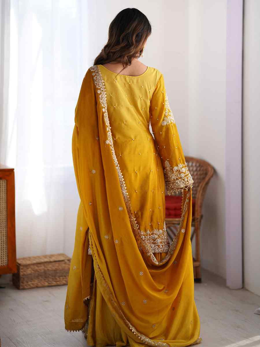 Multi Chinon Silk Embroidered Festival Casual Ready Sharara Pant Salwar Kameez