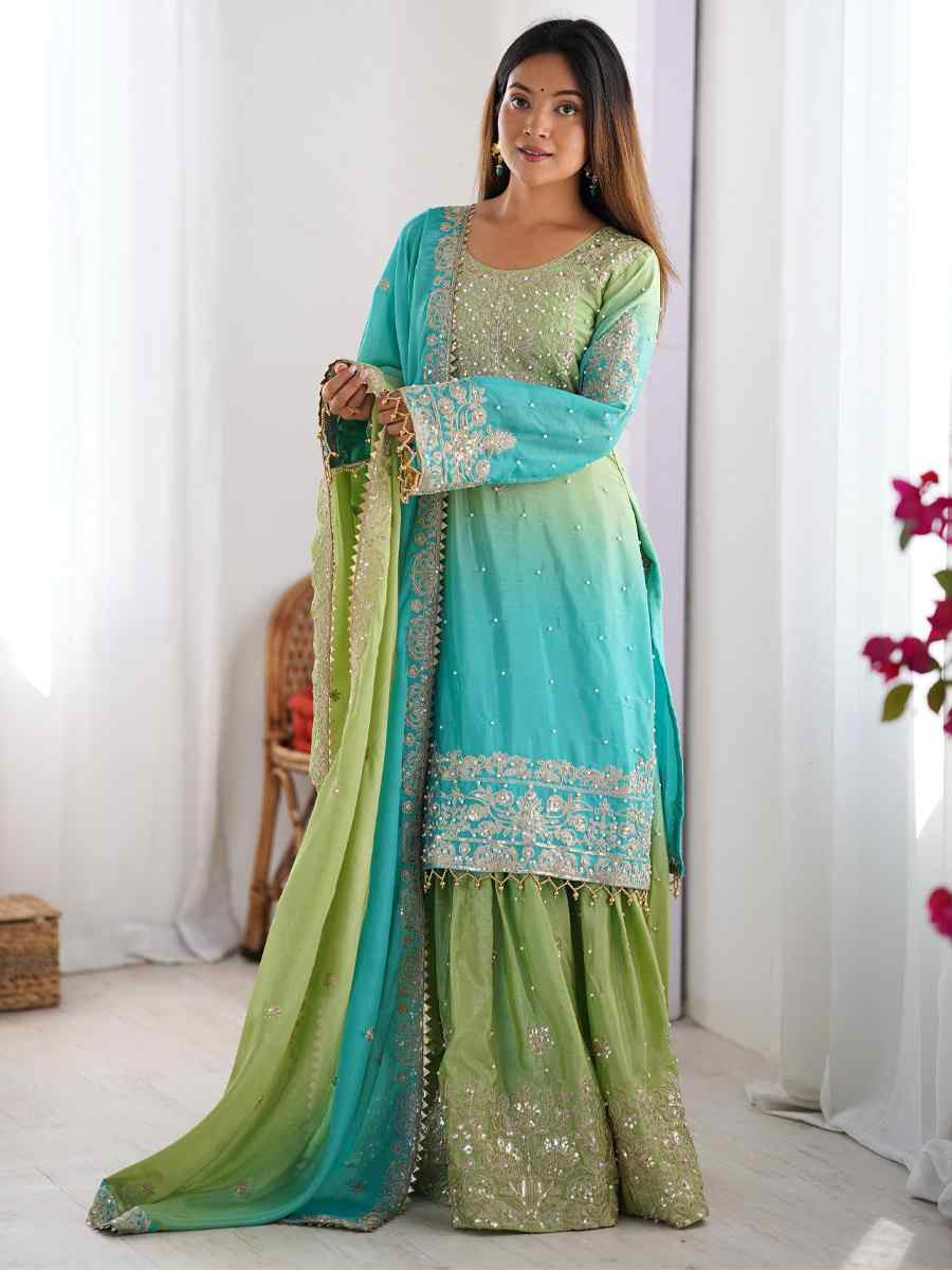 Multi Chinon Silk Embroidered Festival Casual Ready Sharara Pant Salwar Kameez