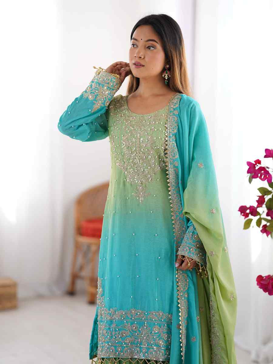 Multi Chinon Silk Embroidered Festival Casual Ready Sharara Pant Salwar Kameez