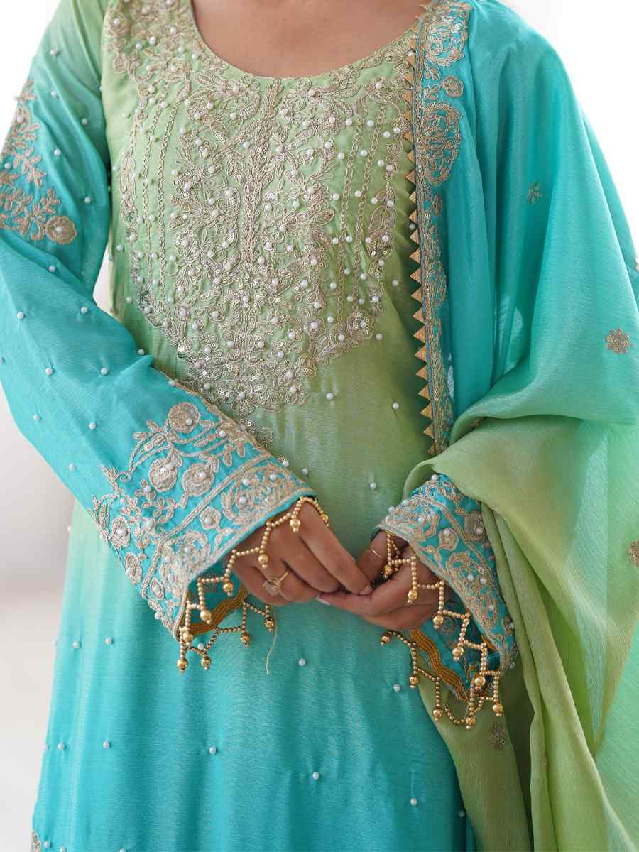 Multi Chinon Silk Embroidered Festival Casual Ready Sharara Pant Salwar Kameez