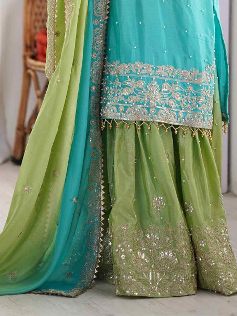 Multi Chinon Silk Embroidered Festival Casual Ready Sharara Pant Salwar Kameez