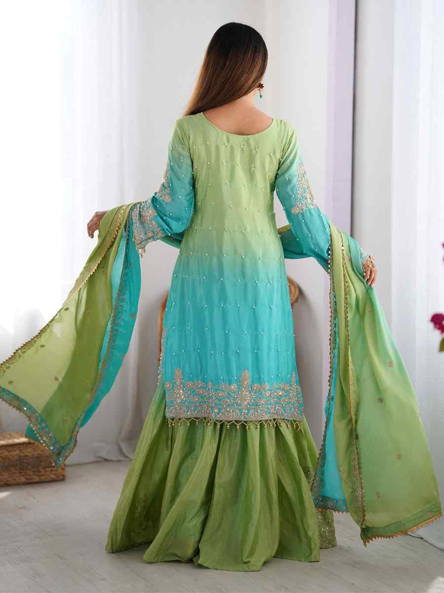 Multi Chinon Silk Embroidered Festival Casual Ready Sharara Pant Salwar Kameez