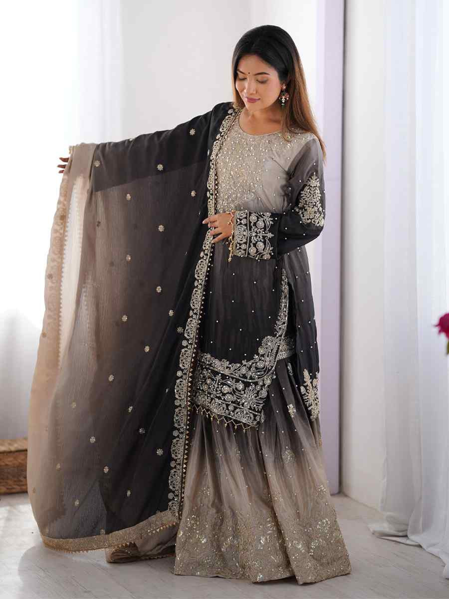 Multi Chinon Silk Embroidered Festival Casual Ready Sharara Pant Salwar Kameez