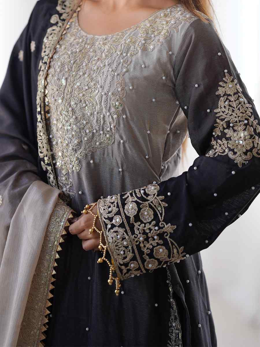 Multi Chinon Silk Embroidered Festival Casual Ready Sharara Pant Salwar Kameez