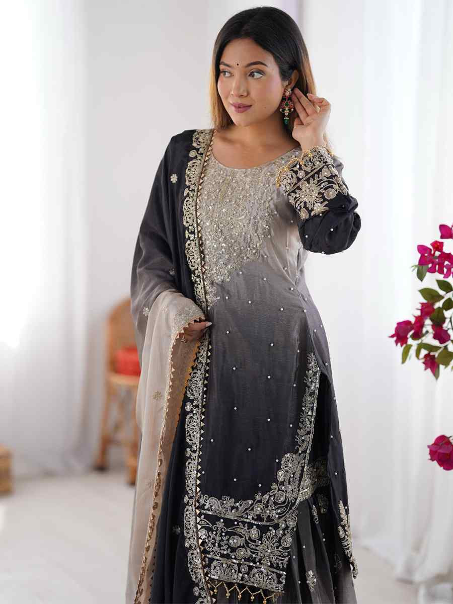 Multi Chinon Silk Embroidered Festival Casual Ready Sharara Pant Salwar Kameez