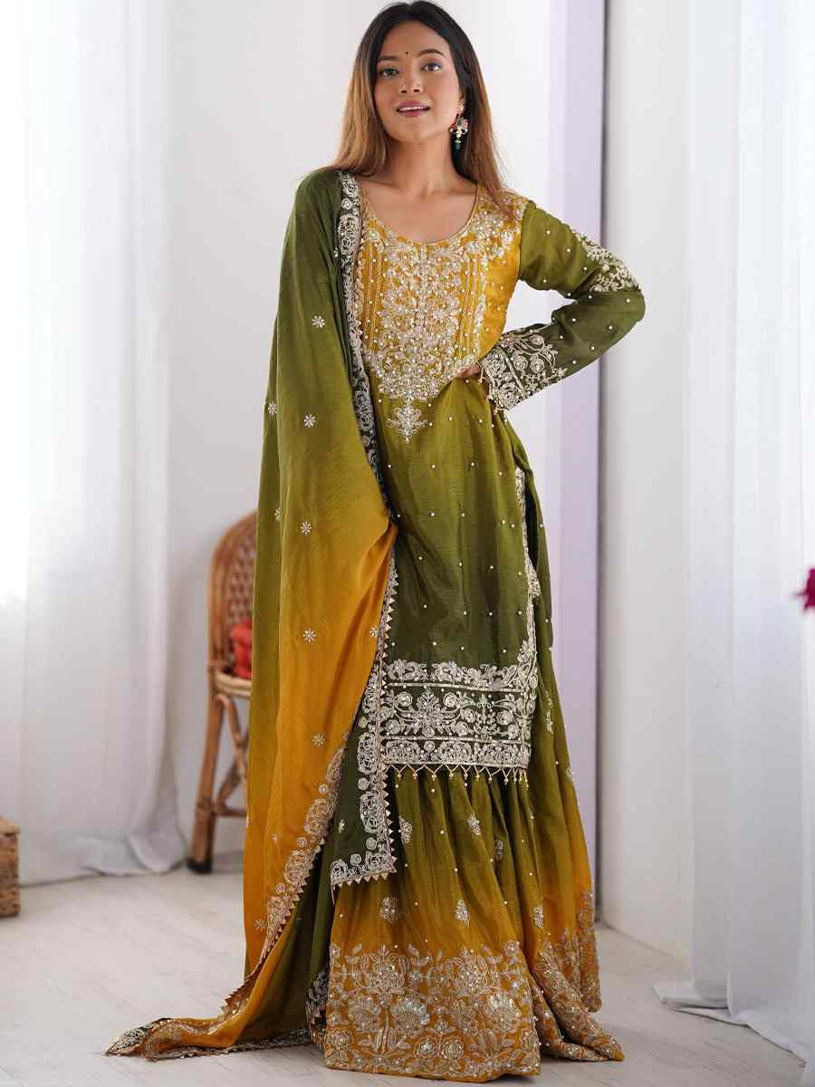 Multi Chinon Silk Embroidered Festival Casual Ready Sharara Pant Salwar Kameez