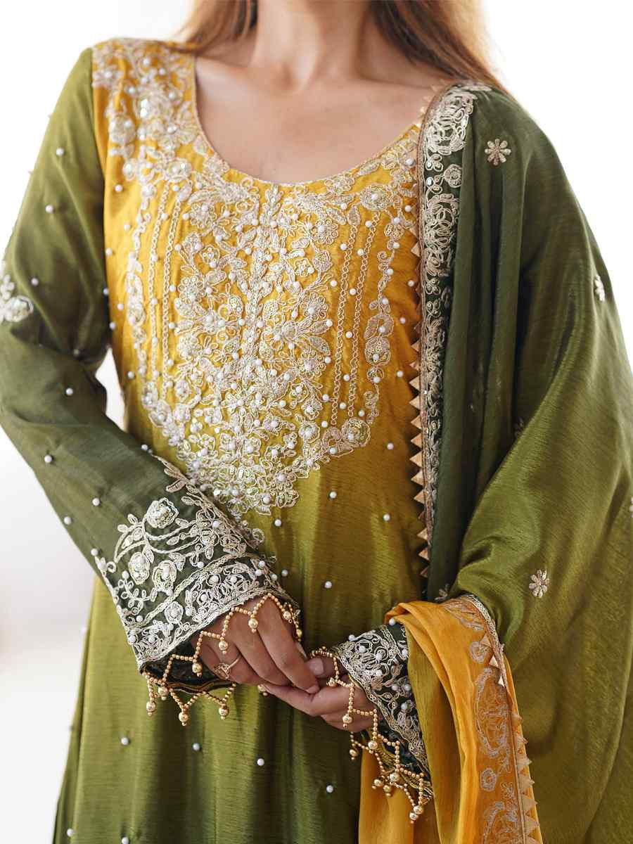 Multi Chinon Silk Embroidered Festival Casual Ready Sharara Pant Salwar Kameez