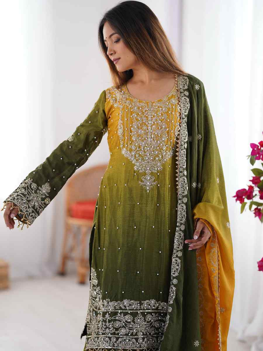 Multi Chinon Silk Embroidered Festival Casual Ready Sharara Pant Salwar Kameez