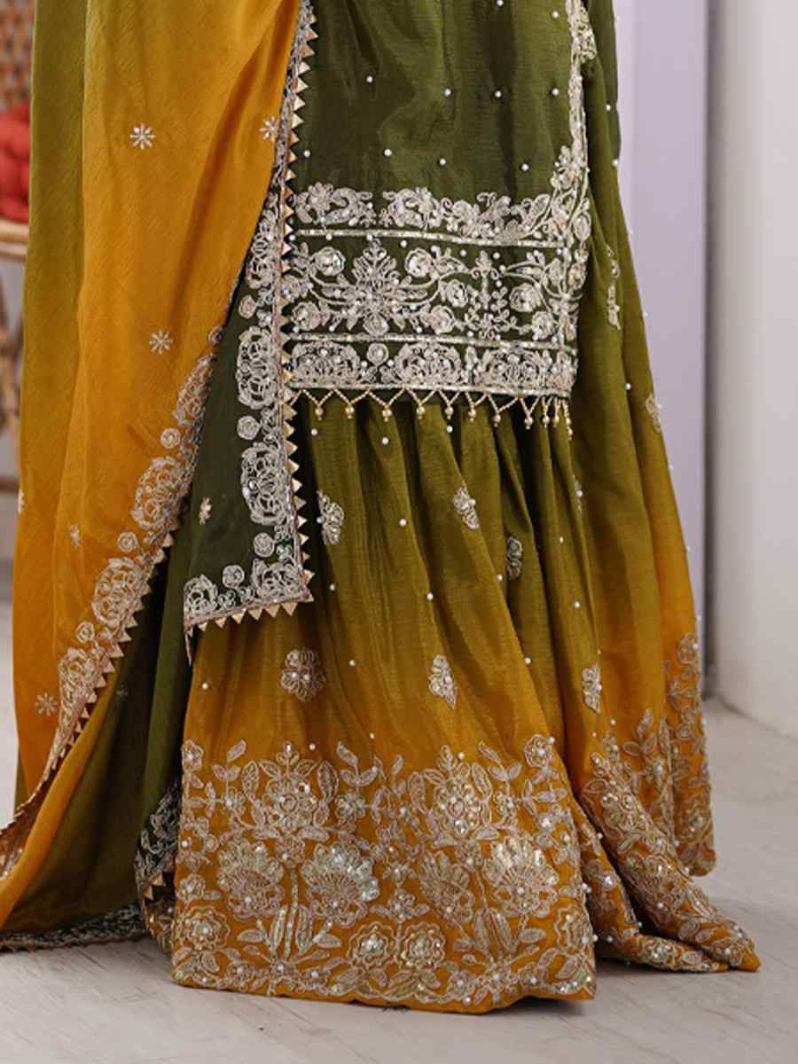 Multi Chinon Silk Embroidered Festival Casual Ready Sharara Pant Salwar Kameez