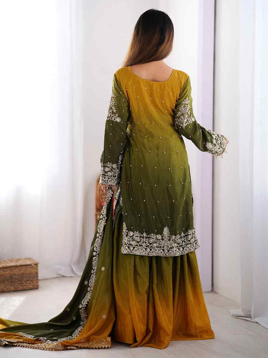 Multi Chinon Silk Embroidered Festival Casual Ready Sharara Pant Salwar Kameez