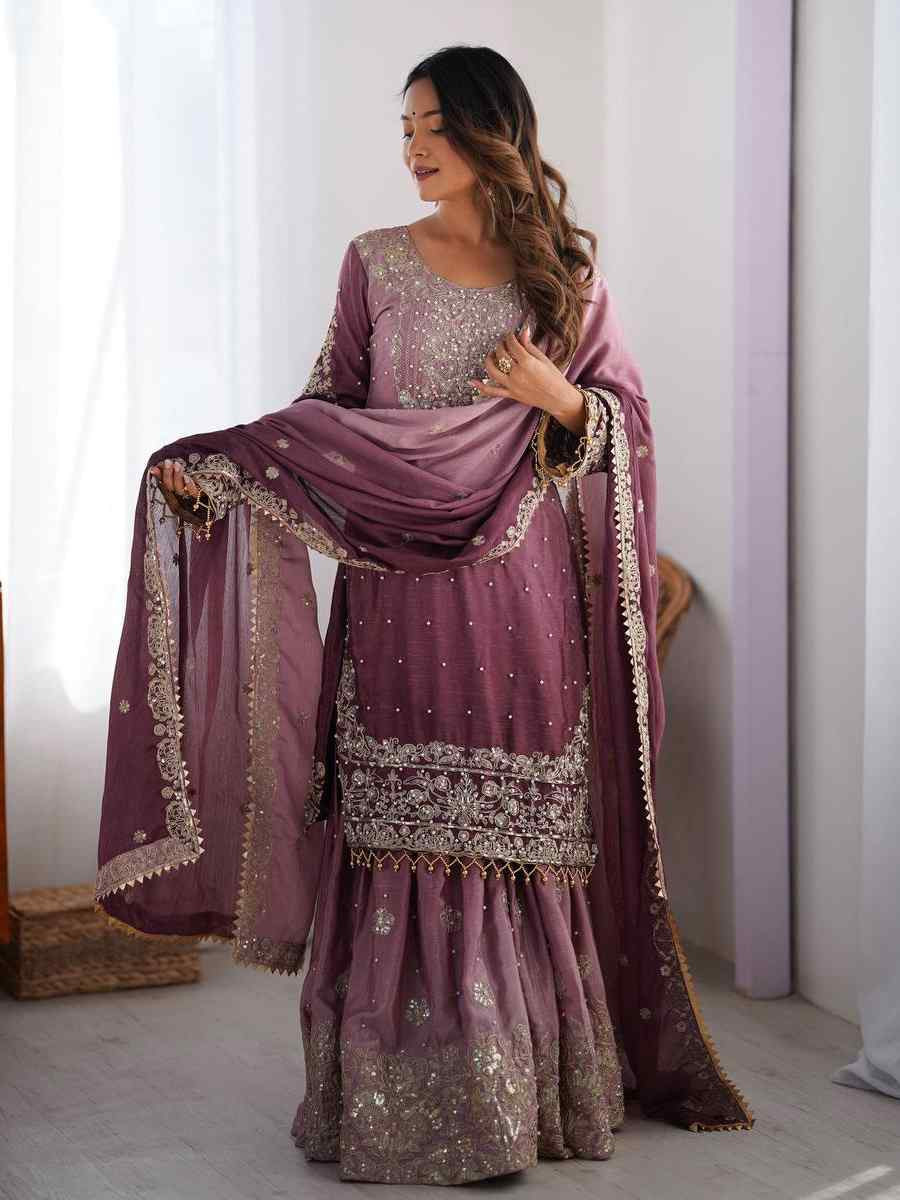 Multi Chinon Silk Embroidered Festival Casual Ready Sharara Pant Salwar Kameez