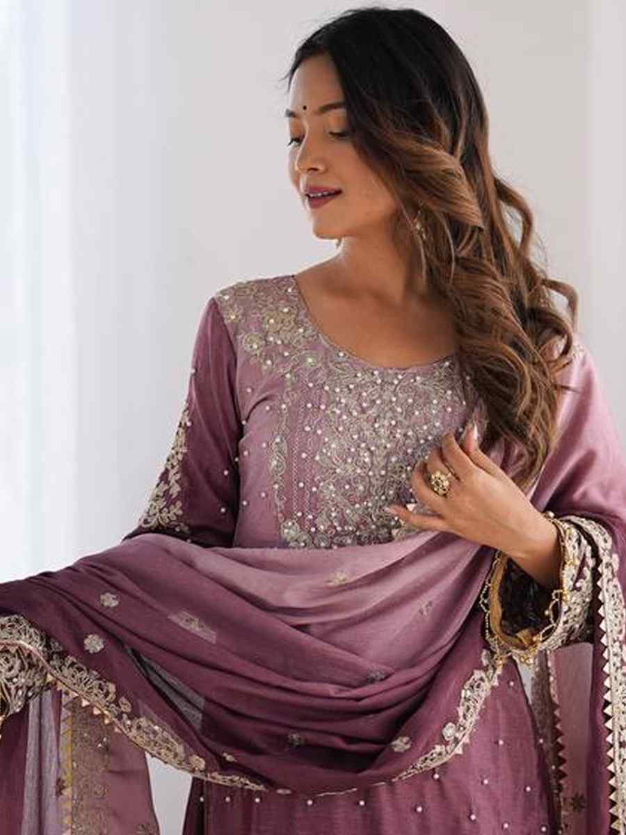 Multi Chinon Silk Embroidered Festival Casual Ready Sharara Pant Salwar Kameez