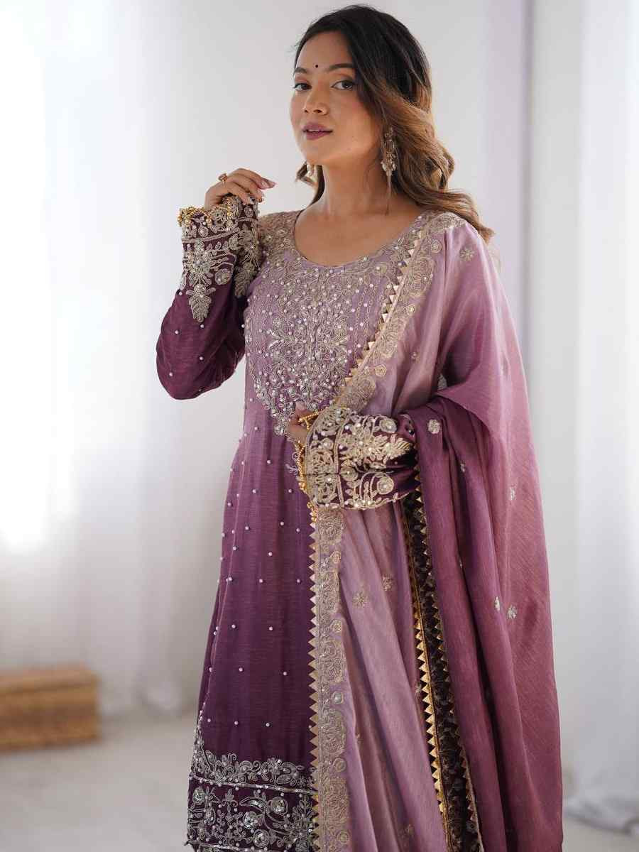 Multi Chinon Silk Embroidered Festival Casual Ready Sharara Pant Salwar Kameez