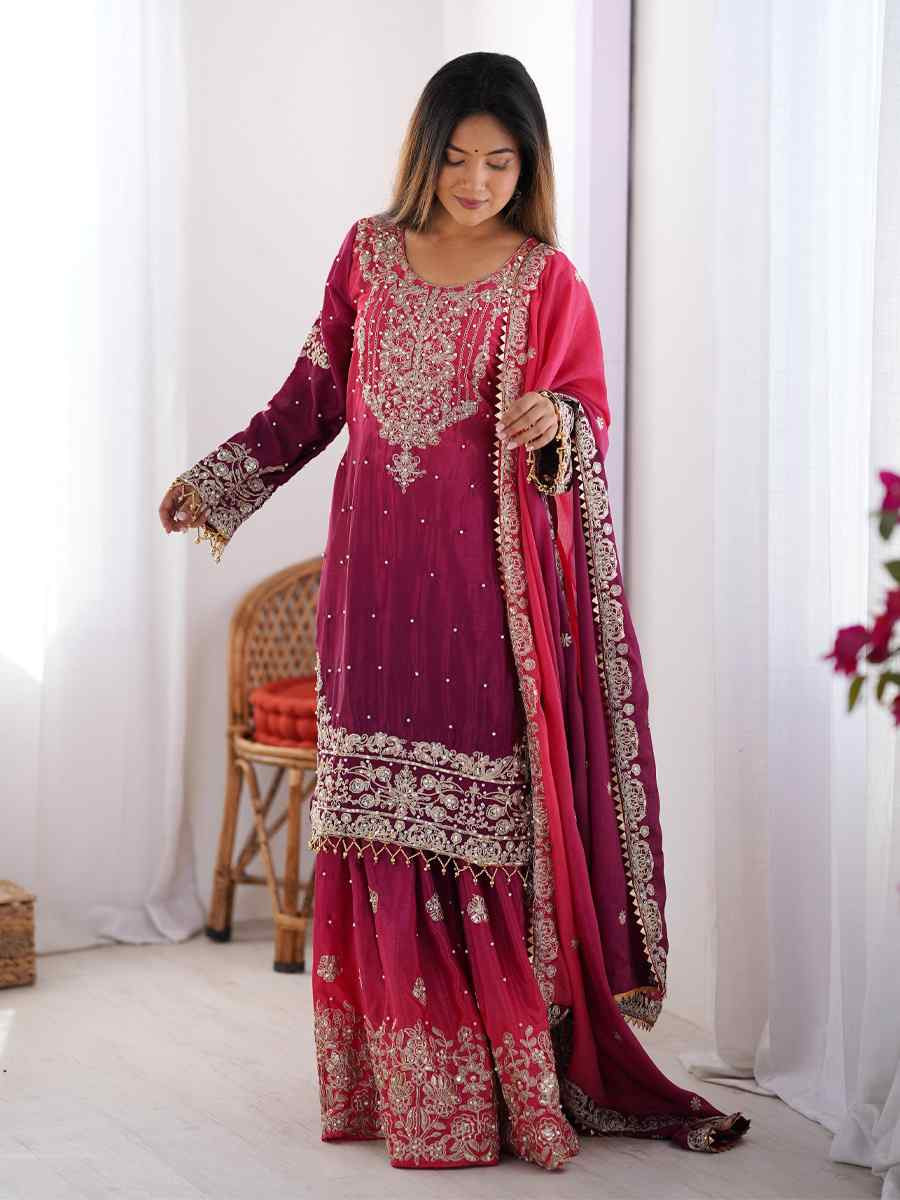 Multi Chinon Silk Embroidered Festival Casual Ready Sharara Pant Salwar Kameez