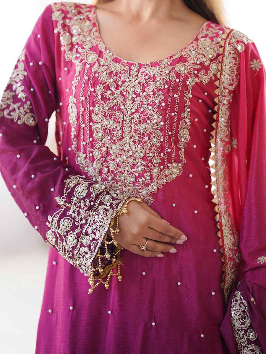 Multi Chinon Silk Embroidered Festival Casual Ready Sharara Pant Salwar Kameez