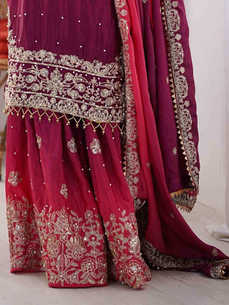 Multi Chinon Silk Embroidered Festival Casual Ready Sharara Pant Salwar Kameez